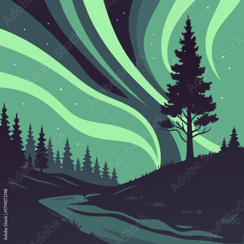 Stylized illustration of a serene night landscape featuring a winding river silhouetted pine trees and vibrant green aurora borealis dancing across the starry sky