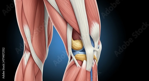 Detailed anatomical illustration of human leg muscles and knee structure.