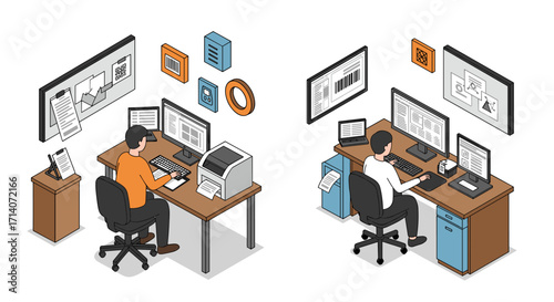 Isometric office workspace setup with dual monitors and desks