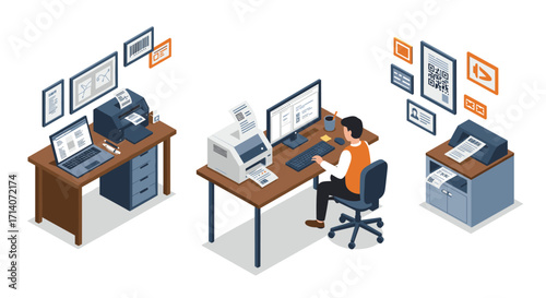 Modern office workspace with printer and desktop computer in isometric design