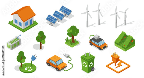 Isometric renewable energy concepts: solar panels, wind turbines, electric vehicles, and recycling