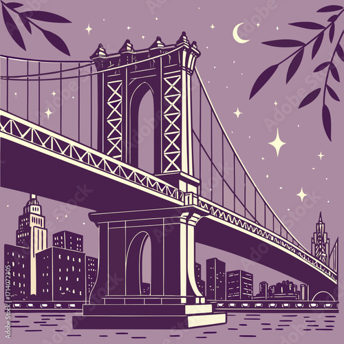 Stylized illustration of the iconic manhattan bridge spanning across a river at night with a crescent moon and stars in the purple sky