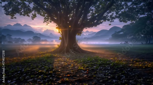 夕暮れの黄金の光が当たる広大な木の風景