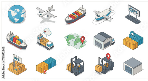 Isometric logistics and global shipping icons collection
