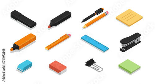 Isometric office supplies collection featuring pens, highlighters, and staples