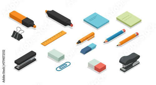 Isometric office supplies collection featuring pencils, staplers, and highlighters