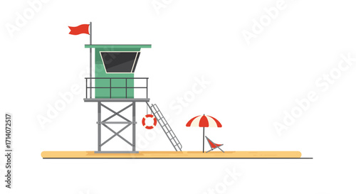 Minimalist beach lifeguard tower with umbrella and chair on sandy shore