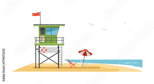 Coastal lifeguard tower scene with chairs and umbrella on a sandy beach