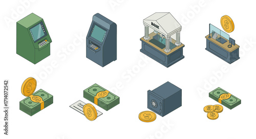 Isometric banking elements: atm, bank building, and safe with cash and coins