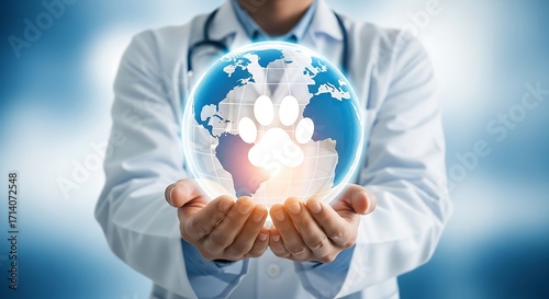 Veterinarian holding a globe with a paw print, animal care concept, world rabies day awareness