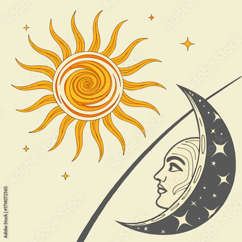 Stylized sun and crescent moon with a human face and stars in a celestial art nouveau design against a pale yellow background