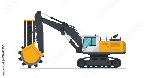 Heavy construction equipment: flat style excavator with drum cutter attachment
