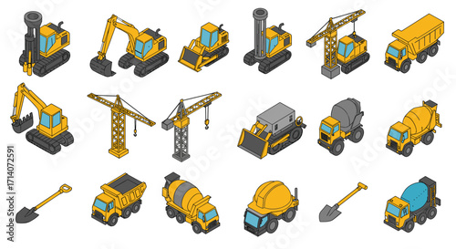 Isometric construction equipment icons: cranes, excavators, trucks, loaders, cement mixers