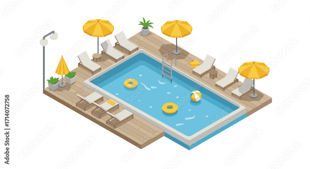Obraz premium Isometric swimming pool with sun loungers and umbrellas