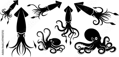 Squid silhouette, Squid svg, Squid clipart, Squid octopus silhouette, Squid vector illustration, Squid icon bundle