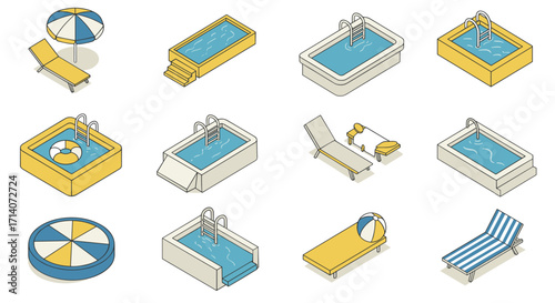 Isometric poolside essentials with umbrellas, loungers, and pool floats for summer design