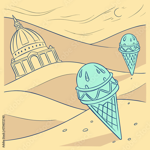 Surreal desert landscape with melting ice cream cones and a domed building evoking a sense of melting architecture and sweet dreams