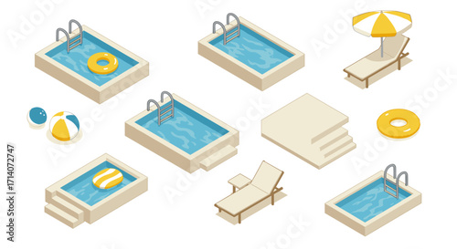Isometric pool and lounge elements for summer design projects