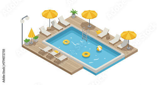 Isometric swimming pool with sun loungers and umbrellas