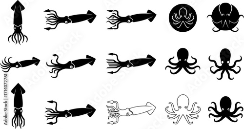 Squid silhouette, Squid svg, Squid clipart, Squid octopus silhouette, Squid vector illustration, Squid icon bundle