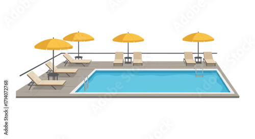 Modern poolside retreat with sun loungers and yellow umbrellas