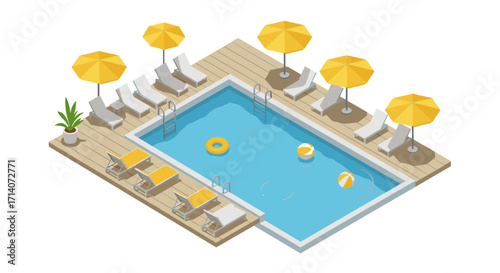 Isometric tropical poolside with sun loungers and umbrellas for summer vibes