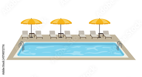 Cozy outdoor poolside with lounge chairs and umbrellas in a flat design