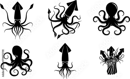 Squid silhouette, Squid svg, Squid clipart, Squid octopus silhouette, Squid vector illustration, Squid icon bundle