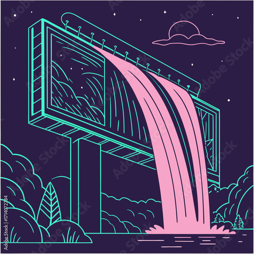Surreal nighttime scene of a giant billboard transforming into a waterfall cascading into a body of water below