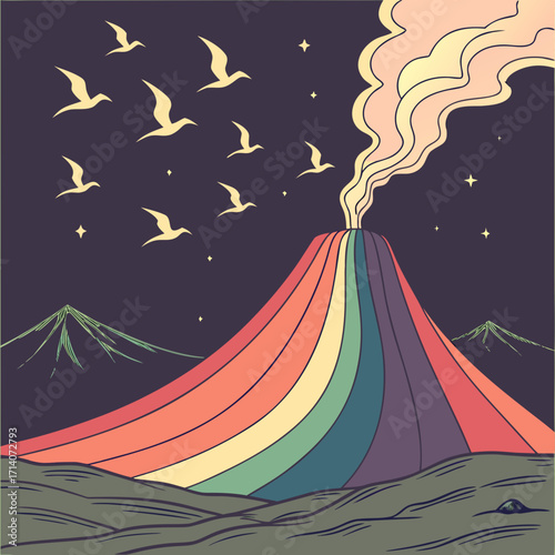 Surreal rainbow colored volcano erupting smoke and birds flying in a starry night sky with distant mountains