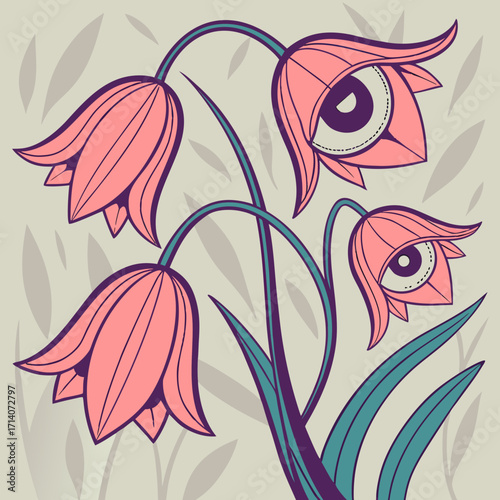 Surreal pink bell shaped flowers with human eyes blooming on thin stems against a muted backdrop with subtle leaf patterns