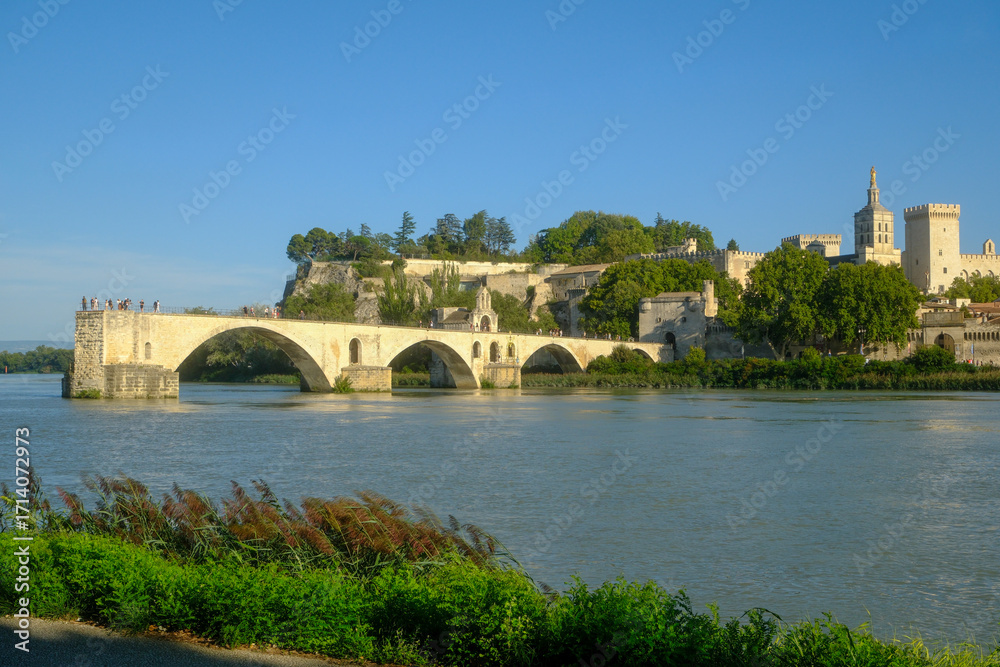 Naklejka premium Saint-Benezet Bridge, the Cathedral and the Popes' Palace, medieval architecture on the banks of the Rhone River in Avignon, France.