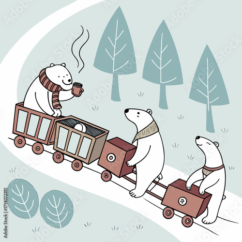 Three adorable polar bears wearing scarves enjoy a winter train ride through a snowy forest with one bear holding a warm drink