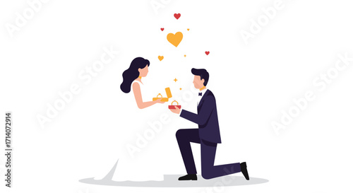 Romantic marriage proposal in flat design with elegant wedding couple and hearts