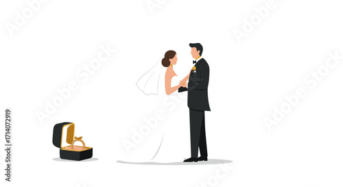 Elegant wedding couple with ring box on white background
