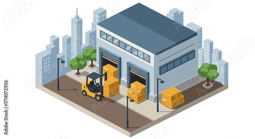 Isometric urban warehouse with forklift and cargo in city environment