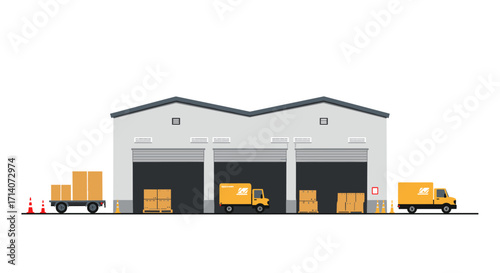 Modern logistics warehouse with delivery trucks and cargo for efficient goods distribution