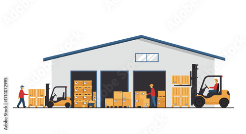 Warehouse logistics with workers moving boxes and operating forklifts