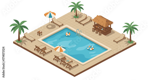 Isometric tropical poolside retreat with bar and palm trees