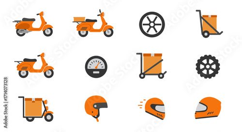 Orange delivery scooter set with wheels and helmets in flat style