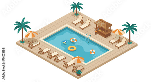 Isometric tropical poolside retreat with loungers and umbrellas