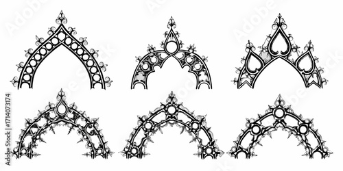 Collection of intricate gothic architectural arches and decorative elements in black and white