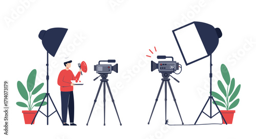 Chef filming cooking show with professional camera and lighting setup