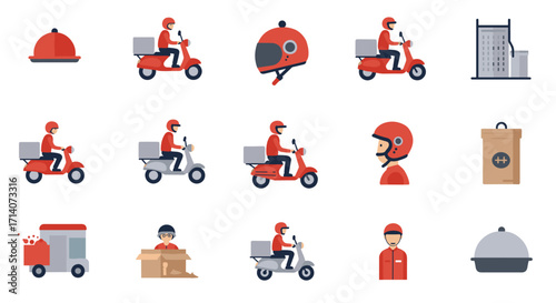 Food delivery service icons featuring scooter and helmet in flat design style