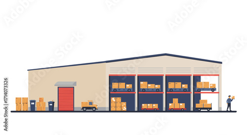 Modern warehouse facility with loading dock and storage boxes in flat design