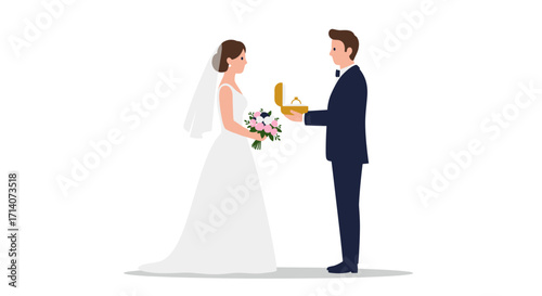 Bride and groom exchanging rings in elegant flat design