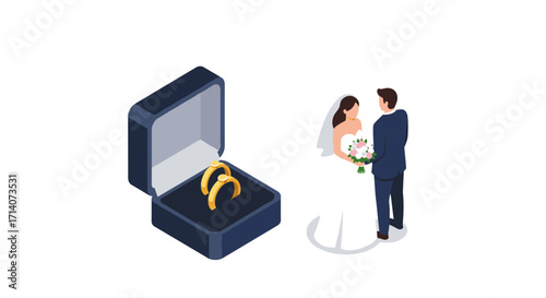 Isometric wedding scene with bride, groom, and rings in box