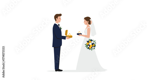 Bride and groom exchanging rings in flat style wedding scene