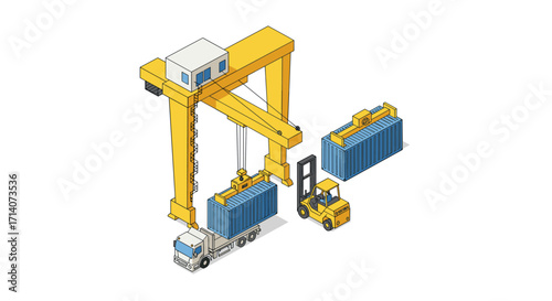 Isometric cargo logistics scene with crane, truck, forklift, and containers