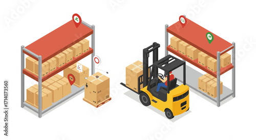 Warehouse logistics with forklift and shelves in isometric style